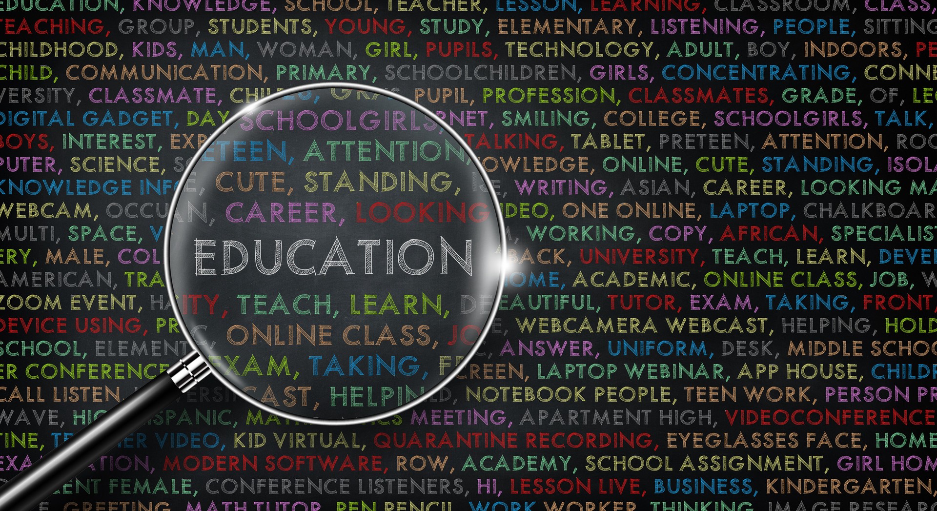EDUCATION word cloud collage on black board.